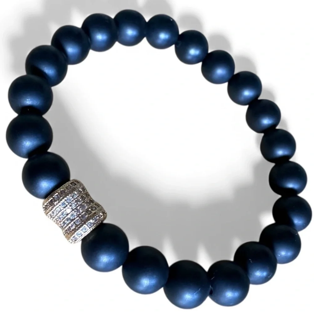 Matte Onyx 8mm Stretch Bracelet w/ Gold Crystal Pave Spacer